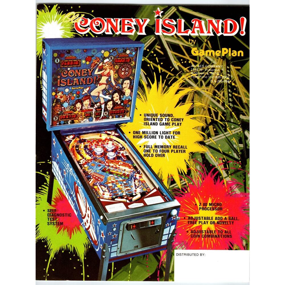 Vintage 1970s Old Coney Island Pinball Machine Flyer by GamePlan USA